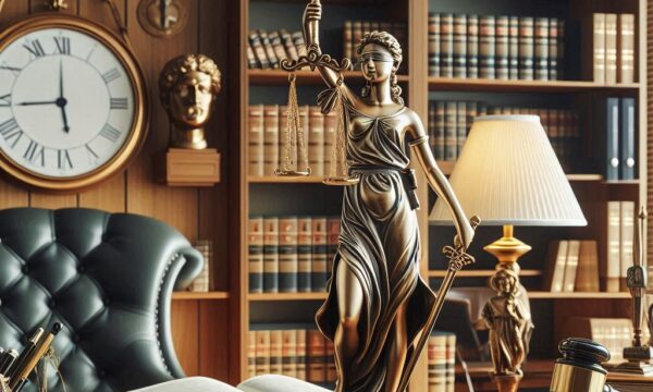 A law office with details like a courtroom jury, a Themis statue, and law books