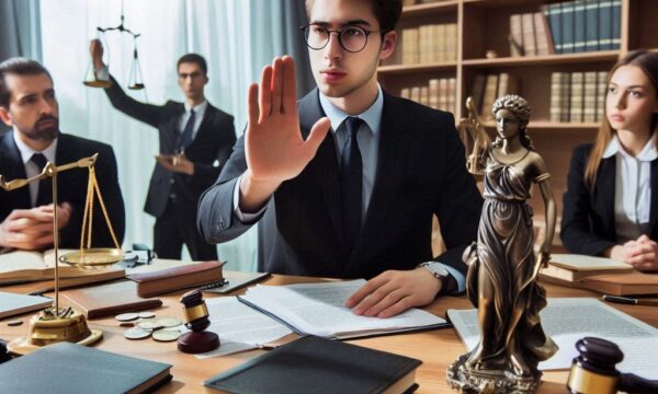A lawyer defending their client in a meeting with various law motifs in the room