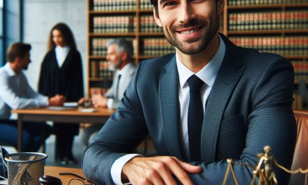 A successful lawyer with many foreign languages, sitting at their office desk, talking with clients, with a variety of law books in the background and a courtroom in the distance