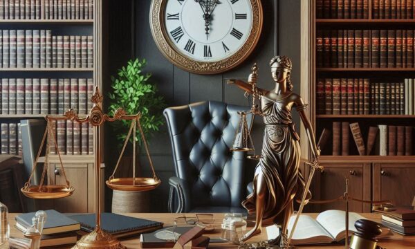 A law office with law books and legal motifs