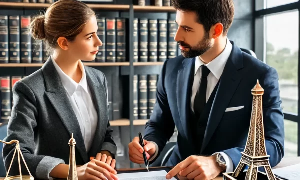 DALL·E 2024-11-11 11.12.34 - A professional scene of a lawyer's office, featuring a businessperson and lawyer consulting over legal documents. The lawyer is assisting the client w