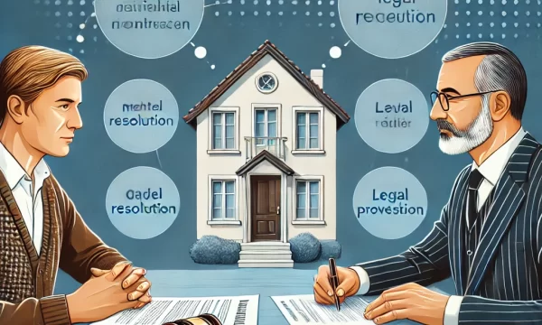 DALL·E 2024-12-27 14.32.44 - An illustration of a mediation session focused on rental disputes, showing a landlord and tenant discussing a legal contract in Turkish with a mediato