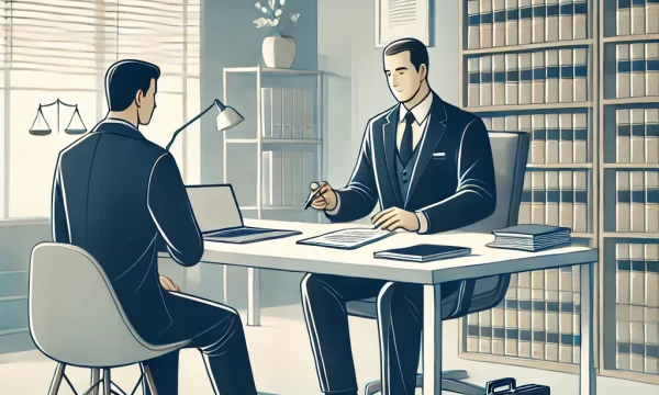 DALL·E 2025-01-03 12.06.55 - A professional illustration depicting legal consultancy for businesses. The image features a lawyer sitting at a desk with legal documents, a laptop,