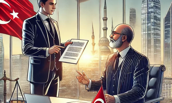 DALL·E 2025-01-07 09.55.31 - A professional legal-themed illustration of a business meeting between an international investor and a Turkish lawyer in a modern office setting. The